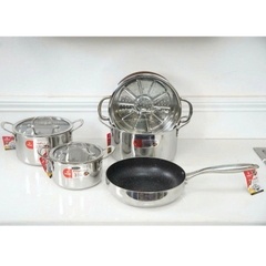 Bộ nồi 5 món inox liền khối, 3 nồi 16-20-24cm, 1 chảo 24cm, 1 xửng hấp 24cm KALPEN KF3