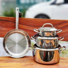 Bộ nồi 4 món inox 304 liền khối, 3 nồi 16-20-24cm và 1 chảo 26cm AULUX PS3-04