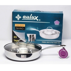 Chảo Inox 3 Lớp Đúc Liền Khối chống dính tự thân, kèm nắp vung kính AULUX TTB-26/28/30.