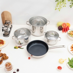 Bộ nồi inox 4 món, 5 đáy Kalpen Lermat L2pro. Nồi size 18-22-26cm và chảo chống dính 26cm
