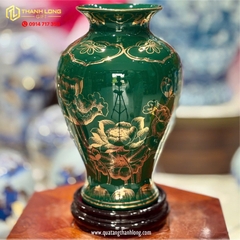 Bình Hoa Gốm Màu Phỉ Thúy họa tiết Hoa Sen Ánh Kim  - In logo theo yêu cầu