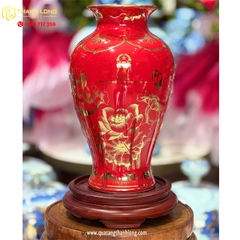 Bình Hoa Gốm Màu Đỏ họa tiết Hoa Sen Ánh Kim  - In logo theo yêu cầu