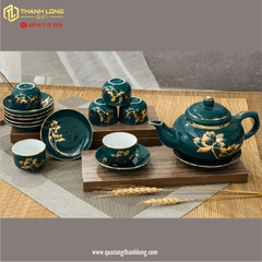 Bộ ấm chén sứ ngọc bích in hoa sen