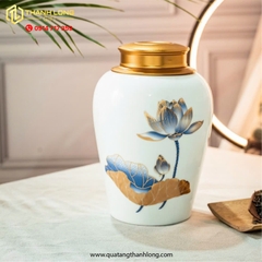 Lọ Chè Sứ vàng in họa tiết sen in logo theo yêu cầu