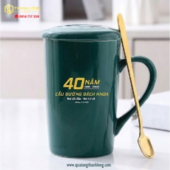 Ly sứ xanh ngọc + thìa kim loại, hộp thiết kế theo yêu cầu