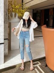 QUẦN 9 TẤC XANH ĐÁ RÁCH PHOM BAGGY 0135