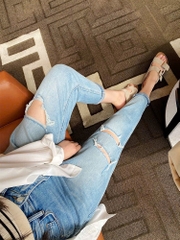 QUẦN 9 TẤC XANH ĐÁ RÁCH PHOM BAGGY 0135