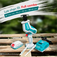 Máy cưa kiếm dùng pin 20V Total, Tốc độ không tải 0-3200rpm, Máy cưa gỗ 65mm và cưa sắt 8mm