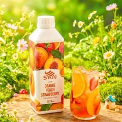 SYRUP CAM ĐÀO DÂU Chai 1Kg, tặng sách công thức, tiện dụng, trái cây tự nhiên, đậm đặc, chuyên dùng pha chế trà trái cây, soda
