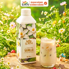 SYRUP VANILLA Chai 1Kg, đậm đà, có chai chiết 100ml tặng công thức, latte, trà sữa, làm bánh, pha chế đa dạng