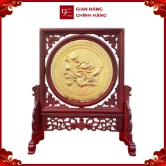 Tranh Đĩa Đồng Hoa Sen 2 Mặt , Mạ Vàng 24K , Khung Gỗ Cẩm ( 35x29cm ) - Cửu Diệu Thiên - SD006
