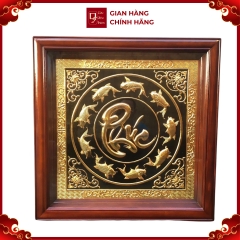 Tranh Đồng Cửu Ngư Chầu Chữ Phúc , Dát Vàng ( 68x68cm ) - Cửu Diệu Thiên - CP011