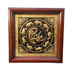 Tranh Đồng Cửu Ngư Chầu Chữ Phúc , Dát Vàng ( 68x68cm ) - Cửu Diệu Thiên - CP011