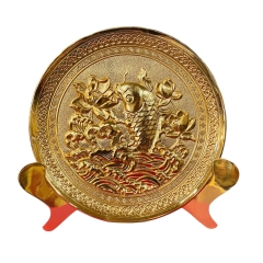 Tranh Đĩa Cá Chép Hoa Sen Bằng Đồng Mạ Vàng 24K ( Đường Kính 19cm ) - Cửu Diệu Thiên - CH001