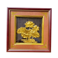 Tranh Đồng Hoa Sen , Dát Vàng ( 26x26cm ) - Cửu Diệu Thiên - SH045
