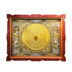 Tranh Đồng Mặt Trống Đồng , Đôi Lọ Lục Bình , Khung Gỗ Gụ - Thiếp Vàng Bạc ( 1m74x2m17 ) - Cửu Diệu Thiên - ĐT021