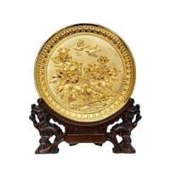Tranh Đĩa Đồng Hoa Mẫu Đơn , Mạ Vàng 24K ( Đường Kính 20cm ) - Cửu Diệu Thiên - HV002