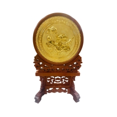 Tranh Đĩa Đồng Hoa Sen , Mạ Vàng 24K ( Đường Kính 35cm , Cao 58cm ) - Cửu Diệu Thiên - HV006