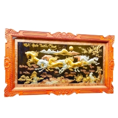 Tranh Đồng Mã Đáo Thành Công , Mạ Tam Khí Vàng Bạc , Khung Gỗ Gõ Đỏ ( 127x231cm ) - Cửu Diệu Thiên - MD0019
