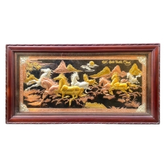 Tranh Đồng Mã Đáo Thành Công , Mạ Tam Khí Vàng Bạc , Khung Gỗ Gụ ( 88x155cm ) - Cửu Diệu Thiên - MD0014