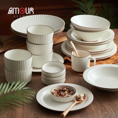 Bộ bát đĩa thượng hạng Collins- viền vân sọc màu kem - GT09