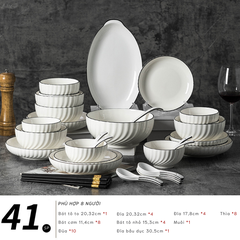 Bộ bát đĩa TC Classic White - trắng vân viền đen - TC01