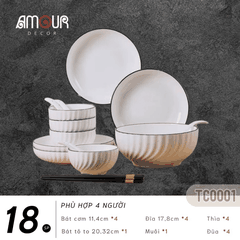 Bộ bát đĩa TC Classic White - trắng vân viền đen - TC01