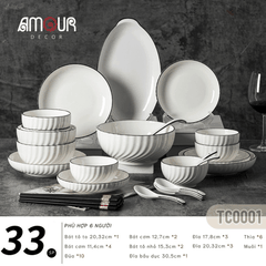 Bộ bát đĩa TC Classic White - trắng vân viền đen - TC01