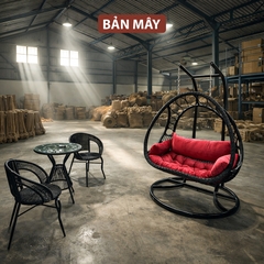 Bàn ghế ngoài trời, xích đu mây nhựa khung thép nội thất Bản Mây ngồi được 3 người đan thủ công cao cấp