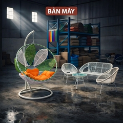 Bộ bàn ghế ban công, xích đu ngoài trời nội thất Bản Mây khung thép đan mây nhựa thủ công cao cấp