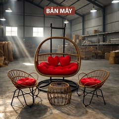 Bộ Bàn Ghế Xích Đu Mây Nhựa Ngoài Trời – Combo 3 Chỗ Ngồi Đồng Bộ Cho Góc Tiếp Khách Thư Giãn