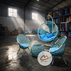 Bàn Ghế Mây Nhựa Ngoài Trời, Xích Đu Cánh Hoa Phối Cảnh Sáng Màu Cho Góc Sân Vườn Và Ban Công