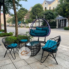 Xích đu ngoài trời, bộ bàn ghế ban công nội thất Bản Mây khung thép đan mây nhựa họa tiết đuôi công mềm mại, tinh tế
