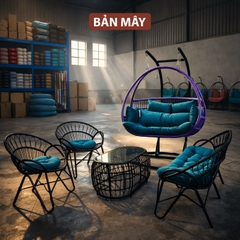 Xích đu ngoài trời, bộ bàn ghế ban công nội thất Bản Mây khung thép đan mây nhựa họa tiết đuôi công mềm mại, tinh tế