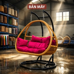 Ghế Xích Đu Mây Nhựa Bản Mây - Lồng Vàng Vảy Rồng, Đệm Đỏ Mận Sạch Sẽ