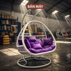 Xích Đu Mây Nhựa Thư Giãn Bản Mây, Thiết Kế Vảy Rồng Trắng Đệm Tím