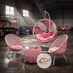 Bàn Ghế Mây Nhựa Ngoài Trời, Xích Đu Cánh Hoa Phối Cảnh Sáng Màu Cho Góc Sân Vườn Và Ban Công