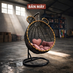 Ghế Xích Đu Tai Gấu Tròn – Nghệ Thuật Đan Mây Nhựa Thủ Công Tinh Tế