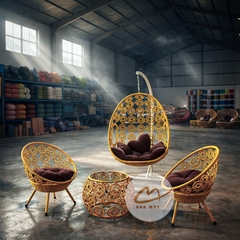 Xích đu mây nhựa khung thép, bộ bàn ghế ngoài trời nội thất Bản Mây họa tiết hoa cúc, đồng xu cao cấp