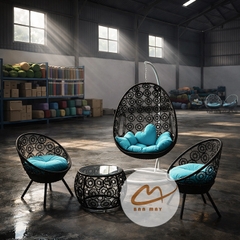 Xích đu mây nhựa khung thép, bộ bàn ghế ngoài trời nội thất Bản Mây họa tiết hoa cúc, đồng xu cao cấp