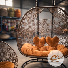 Bộ bàn ghế nội thất ngoài trời, xích đu sân vườn Bản Mây khung thép đan thủ công họa tiết đồng xu, hoa cúc trang trí nhà cửa