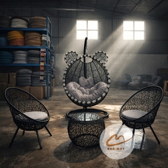 Bộ Bàn Ghế Xích Đu Mây Nhựa Tai Gấu Cao Cấp, Đan Vảy Rồng Độc Đáo