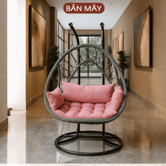 Xích đu oval lồng xám đệm hồng
