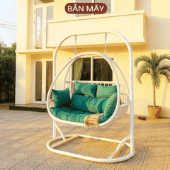 Xích đu bầu dục lồng trắng đệm xanh