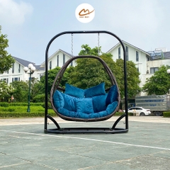 Xích đu đôi cần bầu dục lồng nâu đệm xanh