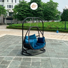 Xích đu đôi cần bầu dục lồng nâu đệm xanh