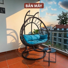 Xích đu ngoài trời, xích đu ban công sân vườn khung thép đan mây nhựa ngồi được 2-3 người lớn, nội thất bản mây