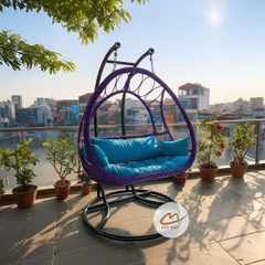 Xích đu ngoài trời, xích đu ban công sân vườn khung thép đan mây nhựa ngồi được 2-3 người lớn, nội thất bản mây