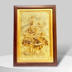 TRANH HOA SEN BẰNG ĐỒNG, MẠ VÀNG 24K <> (Kích thước 24cm x 34cm)