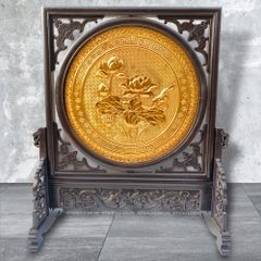 TRANH ĐỒNG HOA SEN LOẠI 2 MẶT, MẠ VÀNG 24K (Cao 48cm; ngang 44cm)